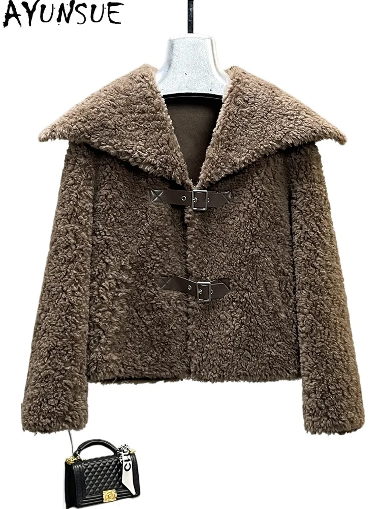 AYUNSUE 96% Wool College Style Lamb Fur Retro Big Collar Fur One-piece 2024 Winter New Top Fur Women's Coat Brown LJ1222