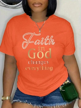 Plus Size Women's Faith In God Changes Everything Pattern Print T-shirt Summer Minimalist Casual Texture High Quality Loose Top 1