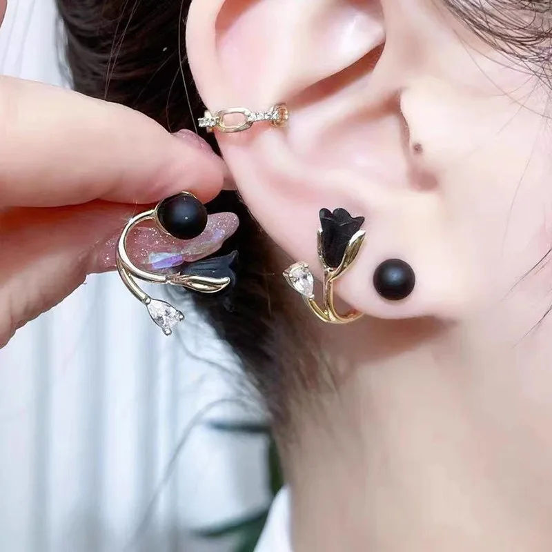 BlackTulip Flower Earrings For Women Jewelry 2025 Trending Luxury Back Hanging Black Women's Stud Earrings New