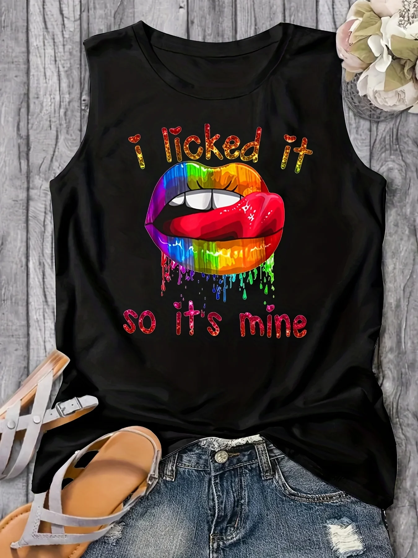 Women's Summer Colorful Lips Letter Print Loose Large Breathable and Comfortable Sleeveless Tank Top T-shirt 1