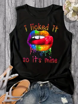 Women's Summer Colorful Lips Letter Print Loose Large Breathable and Comfortable Sleeveless Tank Top T-shirt 1