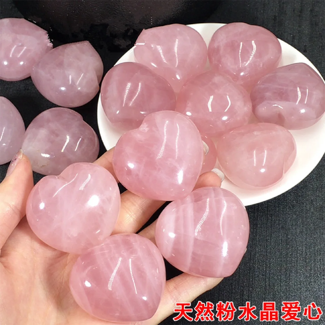 

Natural Pink Crystal Heart-Shaped Ornaments Hibiscus Crystal Love Pendant with Ice Cracked Raw Stone Polished Tabletop ORN 3-4