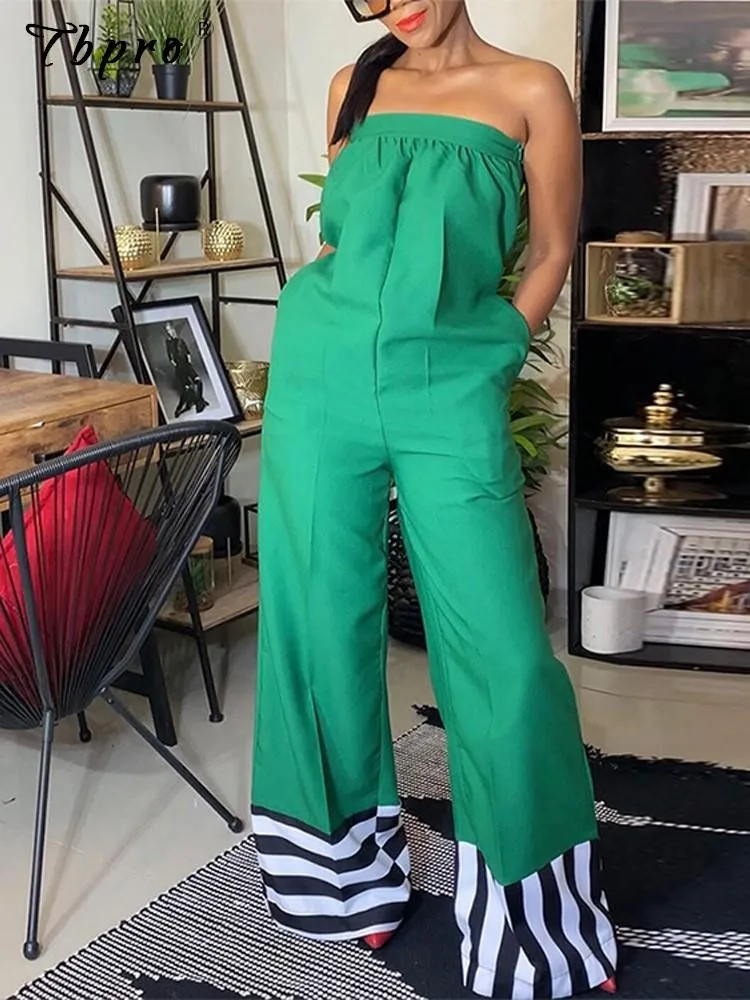 

Casual Partckwork Off Shoulder Wide Leg Jumpsuits Woman Fashion Strapless Loose One Piece Trousers 2023 Summer Elegant Rompers