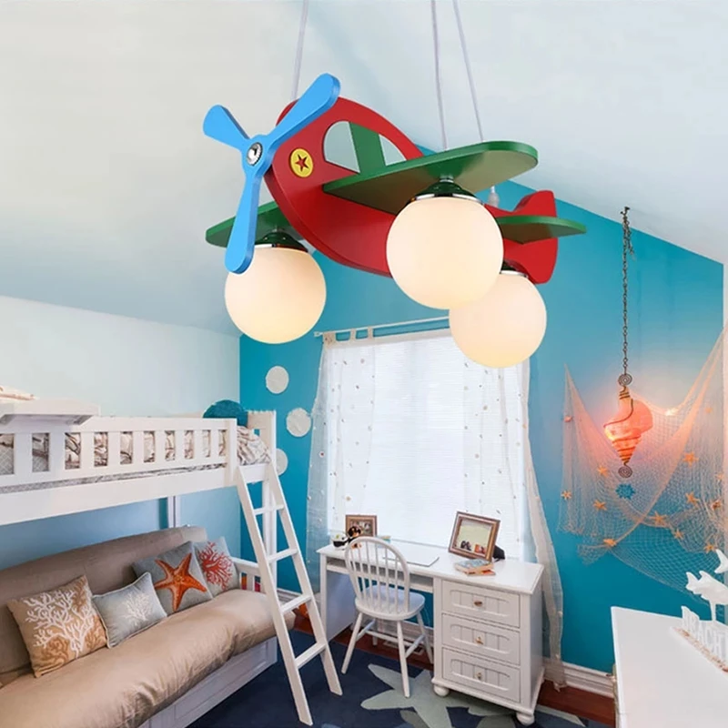 Wood Airplane Chandelier For Children Kids Boy Bedroom LED Hanging