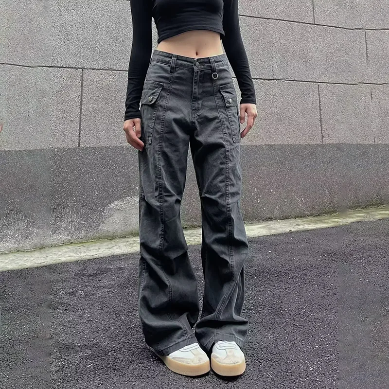 Multi-Pocket Casual Pants Female Straight Cargo Trousers Spring Summer Versatile Solid Color Pants Trendy High Street Trousers