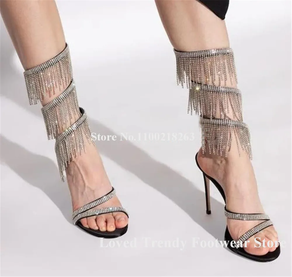 Bling Bling Rhinestones Tassels Snake Shaped Straps Thin Heel Gladiator Sandals Crystals Chains Stiletto Heel Sandals