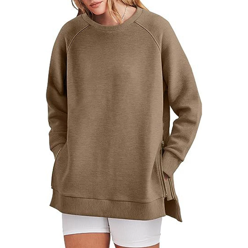 Women's Clothing Autumn and Winter Trendy Simple Casual Zipper Streetwear Oversized Sweatshirts Solid Long Sleeve Pullover Tops