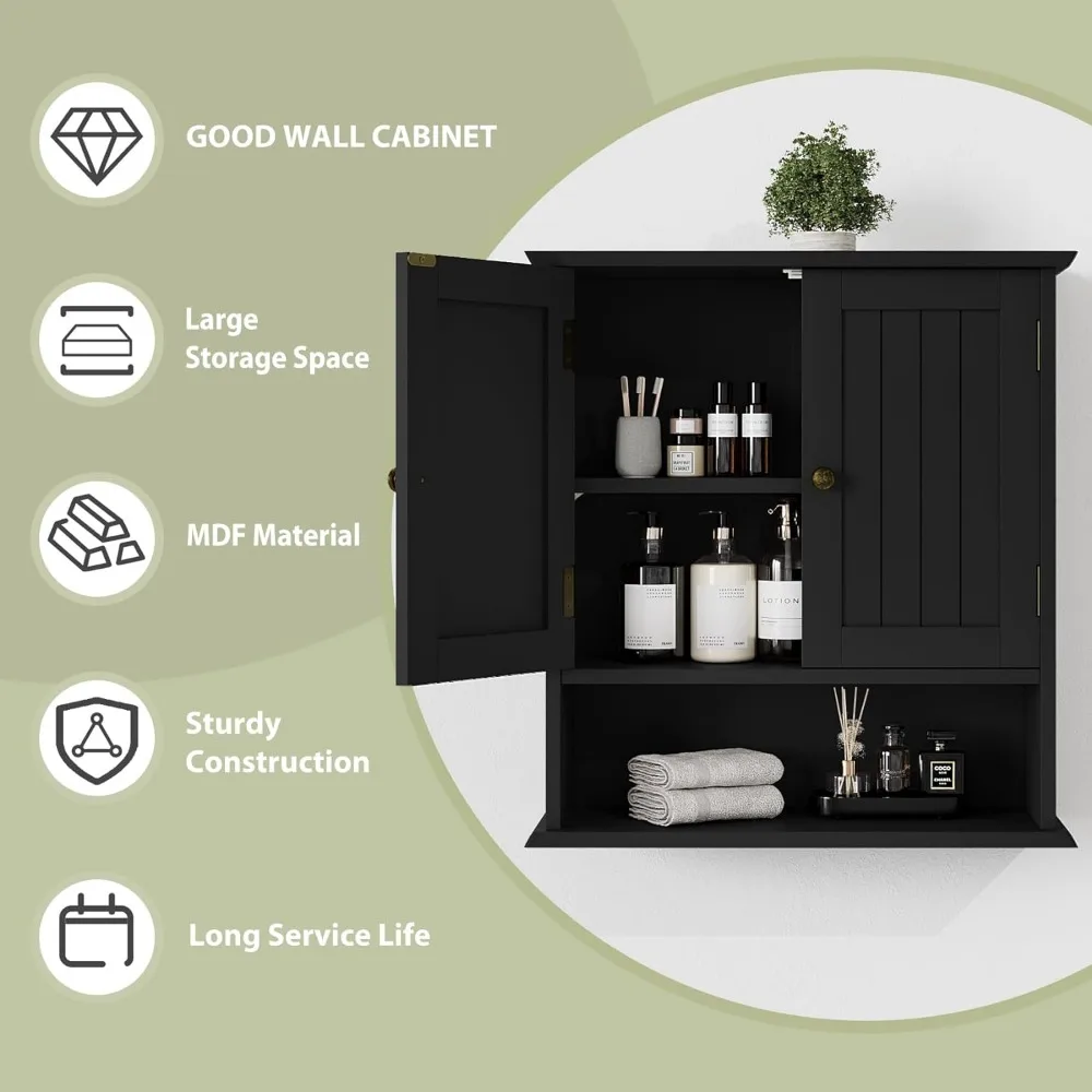 Black small bathroom cabinet wall mounted with 2 adjustable shelves, located above the toilet