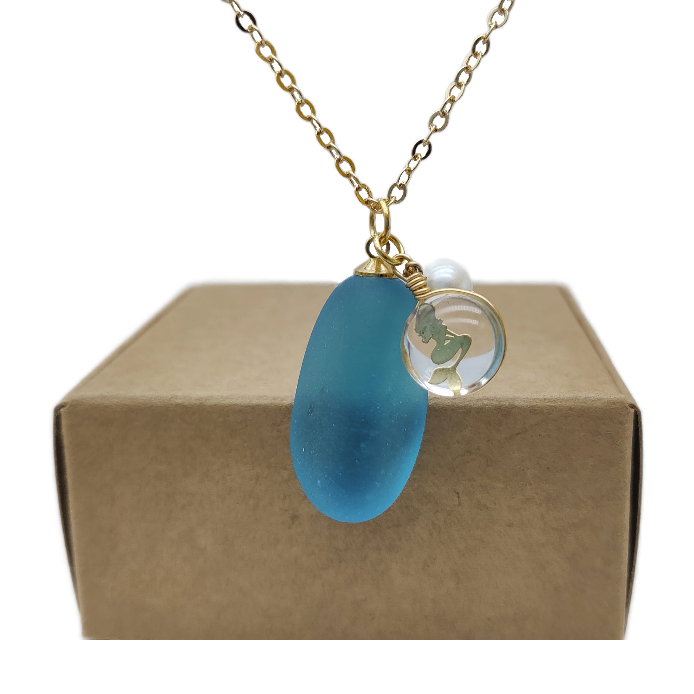 Blue Sea Glass Mermaid Freshwater Pearl December Birthstone Pendant Gold Color Chain Long Necklace Women Boho Jewelry Handmade customized product、modern display mirror metal furniture used plywood tray glass kiosk tower counter jewelry showcase cabinet fo