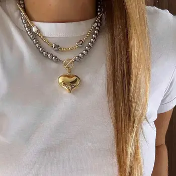 Y2k Stainless Steel Heart Pendant Bead OT Clasp Necklace For Women Men Fashion Geometric Charm Necklace Party Jewelry Gifts 1