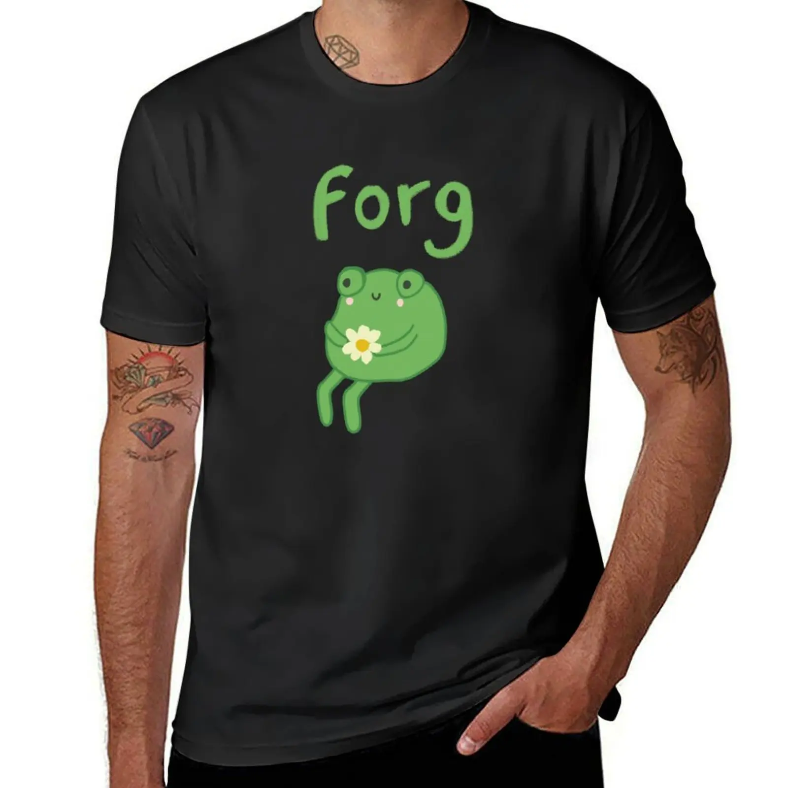 

Funny Frog Birthday Cake: Cute Cottagecore Aesthetic with Sad Anime Toad Sitting with Flower T-Shirt customs mens clothing