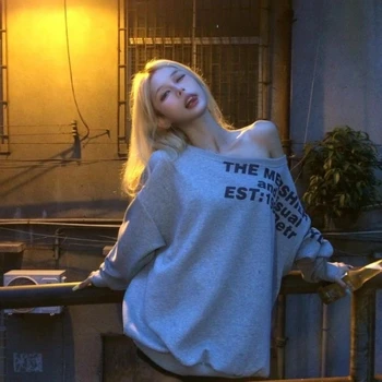 Y2K Sexy Oversize T-shirt Women Streetwear Print Long Sleeve Off Shoulder Top Lady Autumn Korean Fashion Oversized Tees Shirt 1
