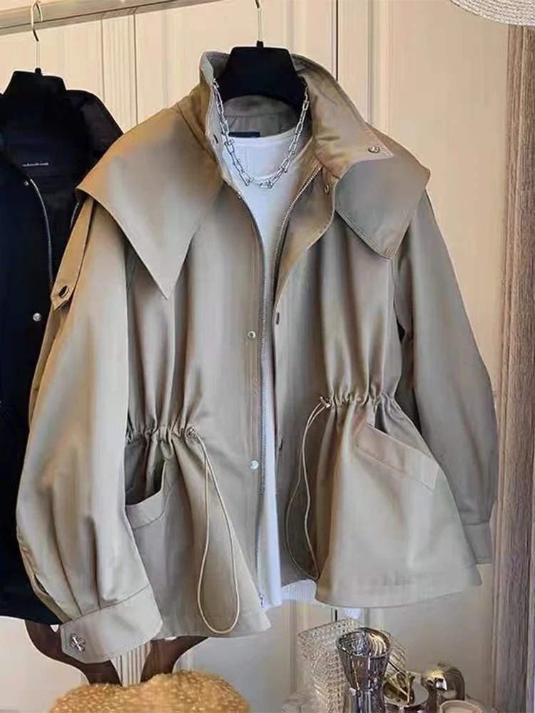 

Khaki Trench Coat Women Autumn Casual Long Sleeve Hooded Jackets Female Korean Fashion Vintage Drawstring Zipper Windbreaker