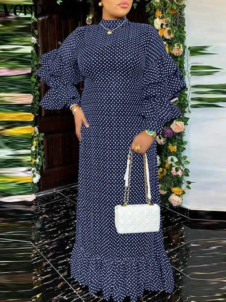 

Women Summer Maxi Dress Vintage Polka Dot Printed Dress 2023 VONDA Long Sleeve Vestidos Stand Neck Pleated Party Sundress
