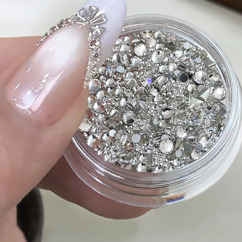 DIY 2-3mm 삼각형 사다리꼴 네일 젬스톤 나비 매듭 지르콘 투명/샴페인 글리터 네일 다이아몬드 매니큐어 장식