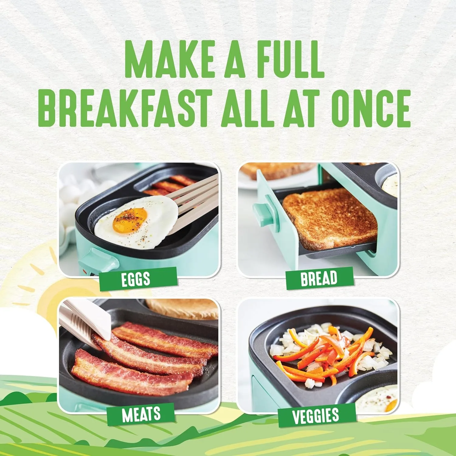 3-in-1 Breakfast Maker Station, Ceramic Nonstick Dual Griddles & Breakfast Sandwiches, 2 Slice Toast Drawer, Turquoise 4