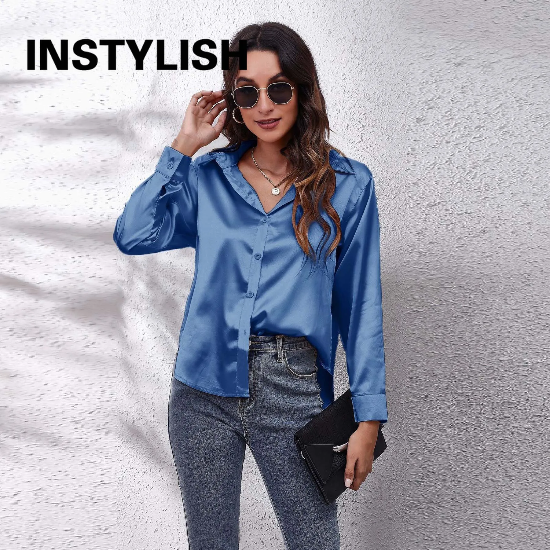 Women Elegant Satin Shirt Casual Long Sleeve Fake Silk Blouse Spring Summer Office Lady Tops Female Simple All Match Clothing 5