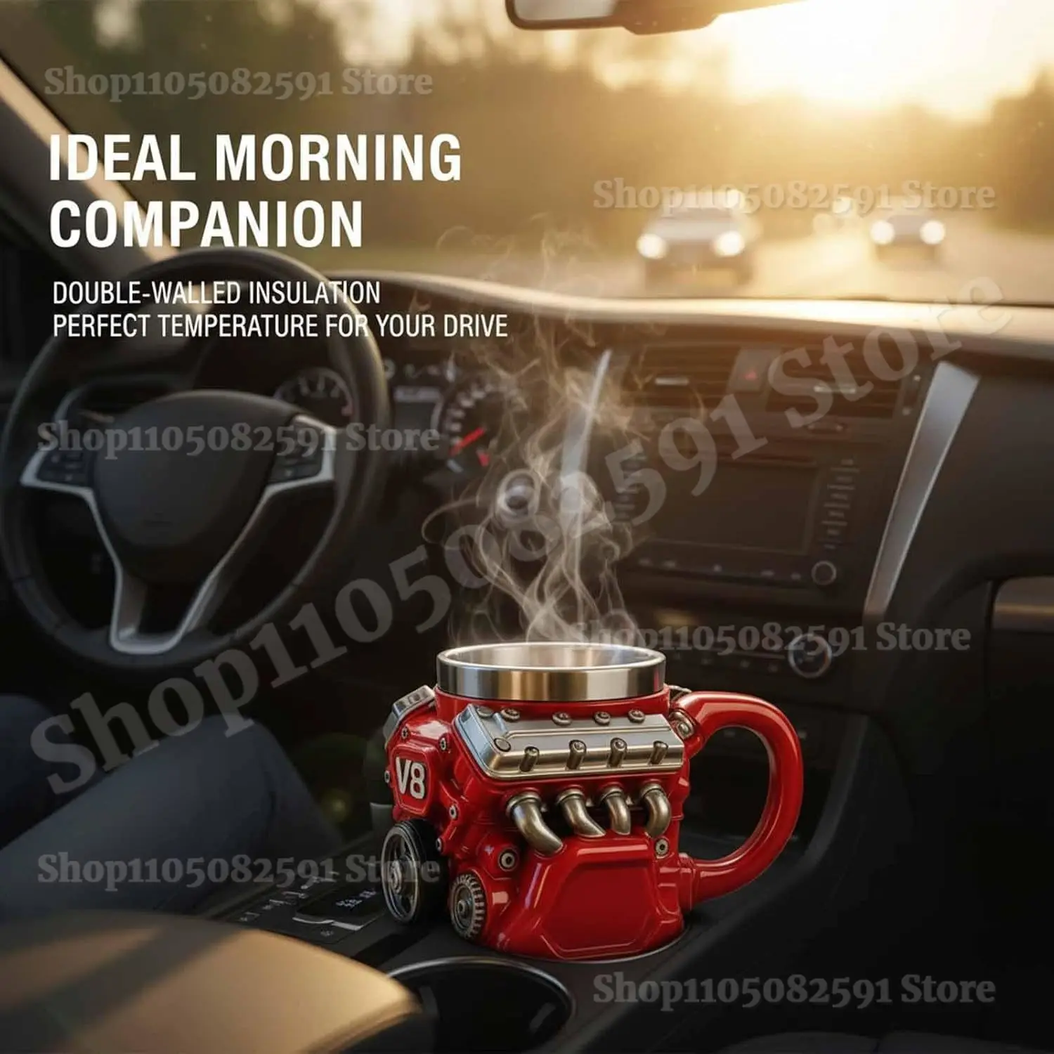 Retro V8 Engine Coffee Mug – Stainless Steel Double-Wall Insulated Car Mug with Handle 3