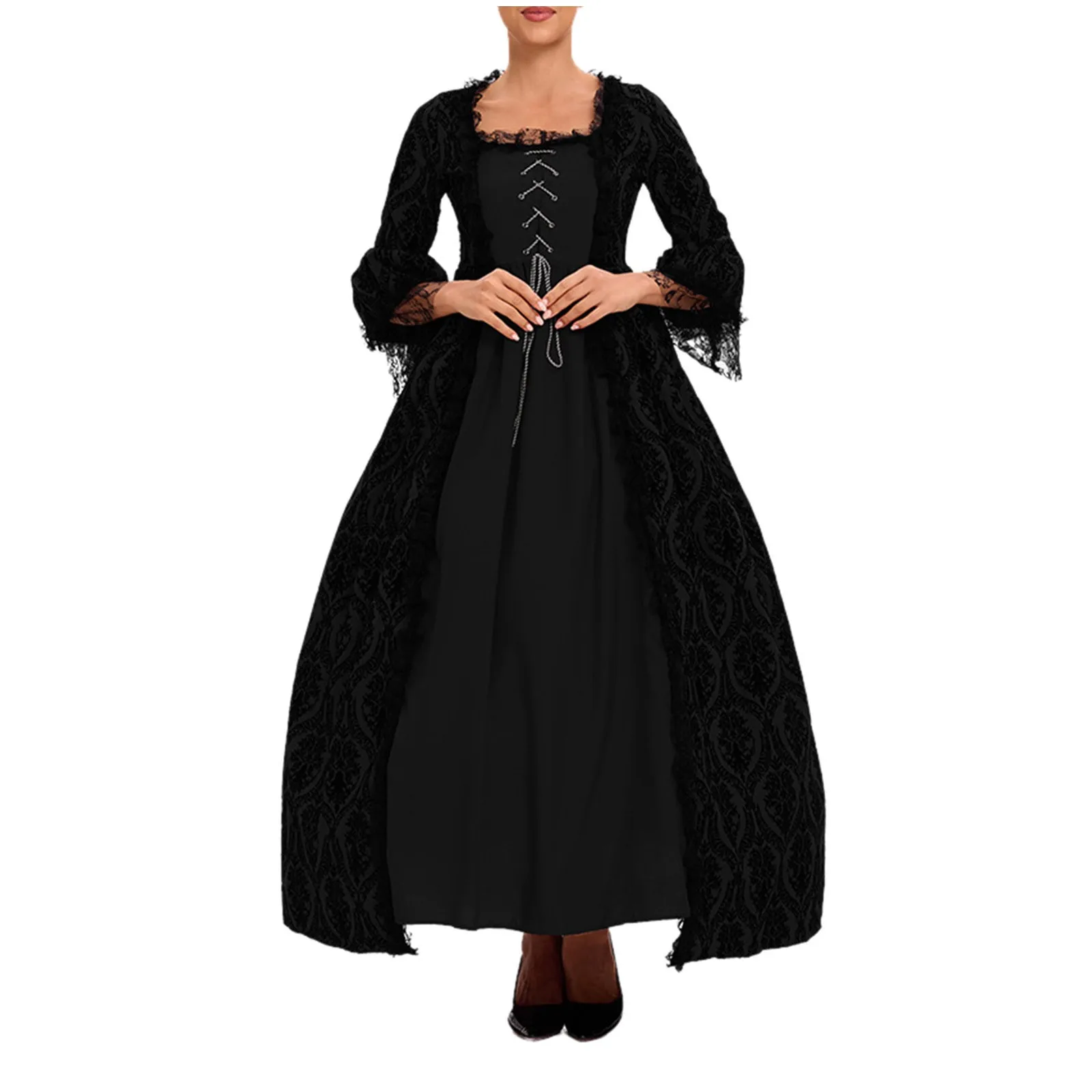 

Women Vintage Court Cosplay Dress Medieval Renaissance Queen Ball Gown Bell Sleeve Maxi Dress Halloween Costume with Petticoat
