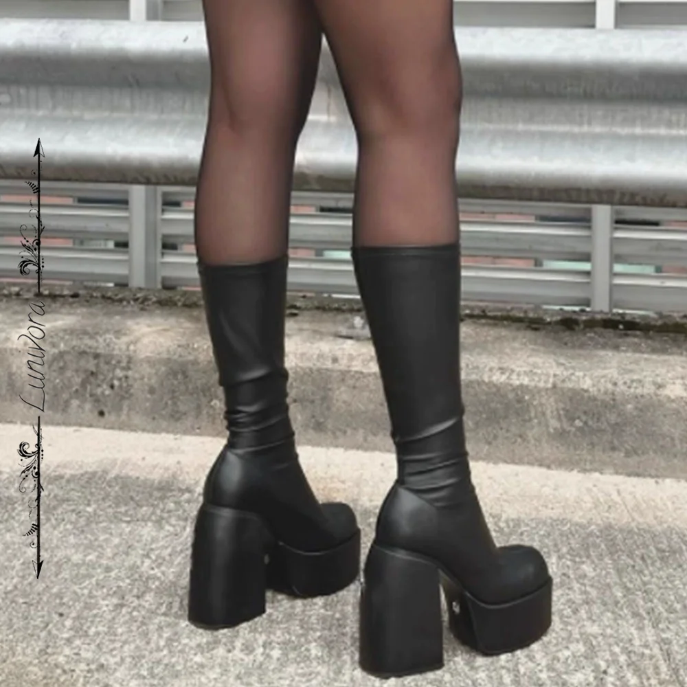 Platform Tight Elastic Boots Punk Thick Sole Mid-calf Women Boots Slip-on Party Comfy Women Shoes Big Size 43