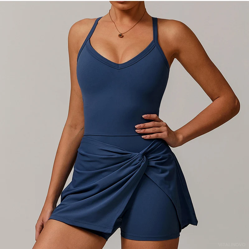 VITALINOVO Womens Tennis Dress with Shorts Underneath Workout Dress with Built-in Bra Deep V Neck Athletic Dresses Golf Dress