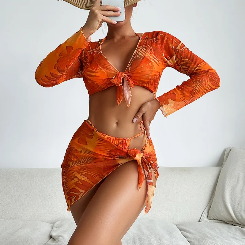 2024 Swimsuit Women's Split Four-Piece Long Sleeve Internet Celebrity Ins Printed Lace-up Bikini Swimsuit
