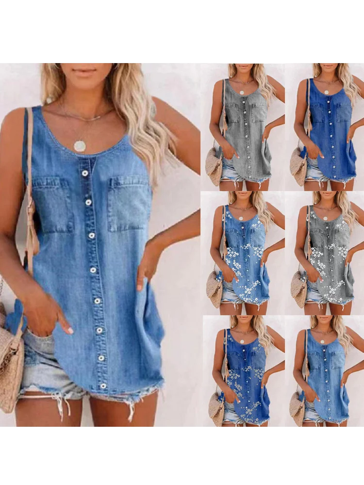 Summer New Tank Tops Fashion Loose O Neck T-shirts Imitation Cowboy ...