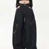 American Retro Loose Leg Wide Pants Leopard Print Patchwork Straight Leg Men Women Floor Length Big Pocket Knife Edge Jeans