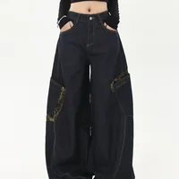 American Retro Loose Leg Wide Pants Leopard Print Patchwork Straight Leg Men Women Floor Length Big Pocket Knife Edge Jeans