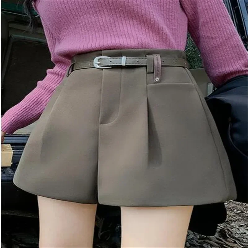 Fall Winter Women Boot Shorts with Belt Elegant Office Ladies Shorts Wide Leg A-Line Black Coffee 2024 Korean Fashion