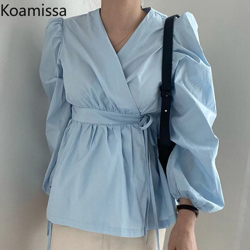 

Женская однотонная блузка Koamissa, с длинным рукавом и шнуровкой, элегантная повседневная блузка голубого, белого и розового цветов, 2022