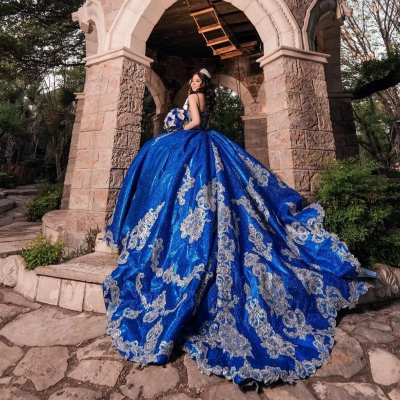 

Royal Blue Satin Quinceanera Dresses Ball Gown Applique Lace Spaghetti Strap Birthday Party Dress Lace-up Vestidos De 15 Años
