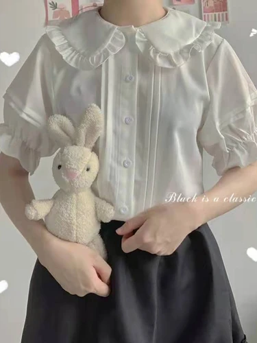 HOUZHOU-귀여운 화이트 셔츠, 피터팬 칼라 프레피 스타일 블라우스, 여성 스위트 프릴 반팔 상의, 여름 2022 패션 4