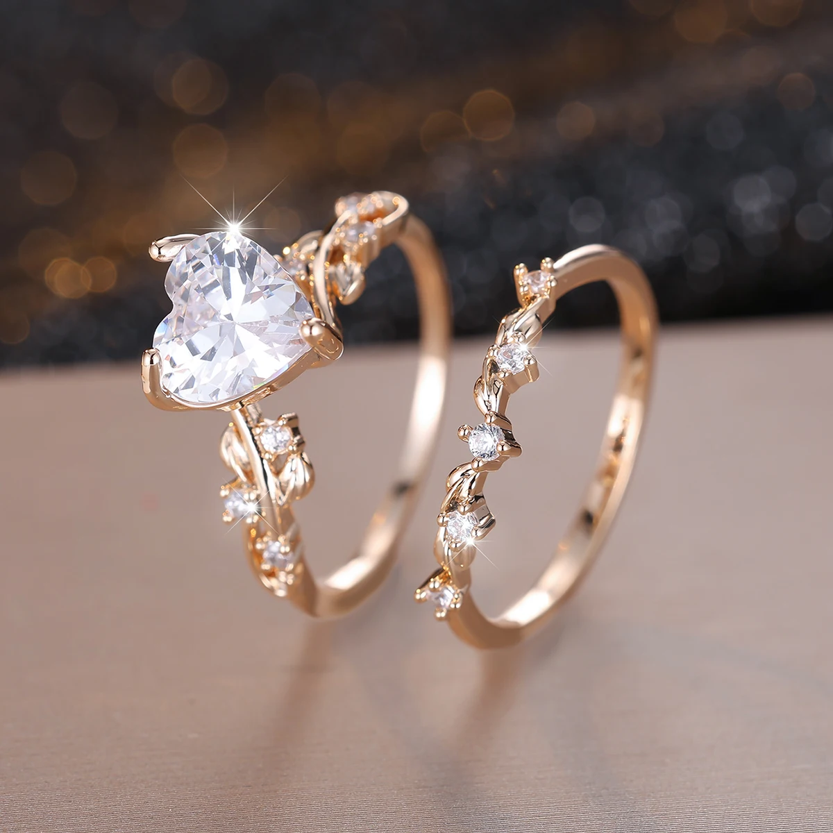 Elegant Multicolor Heart Ring Set for Women – Rose Gold Zircon Bridal Bands