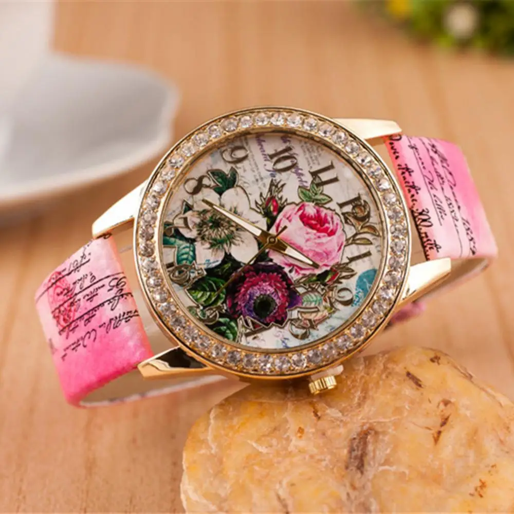 Women Rhinestone Inlaid Flower Round Dial Faux Leather Shopping Wear Band Quartz Wrist Watch Daily Life For Gift