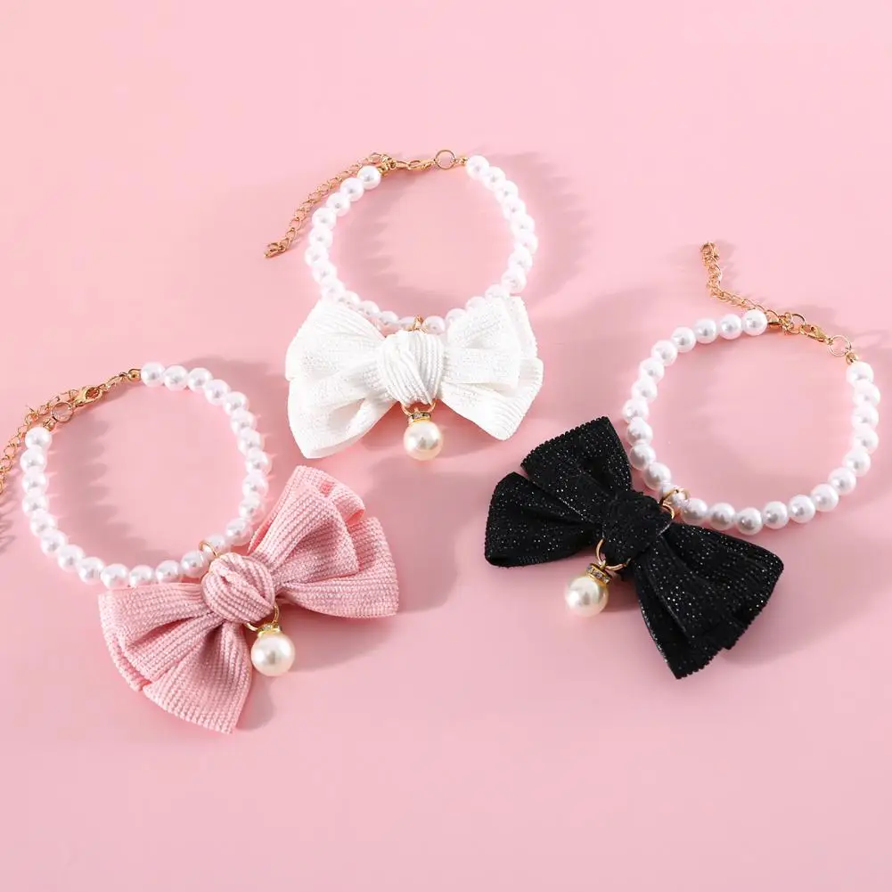 

Pet Necklace Elegant Adjustable Cat Dog Collar with Faux Pearl Bow Cute Pet Neck Circle Pet Accessory
