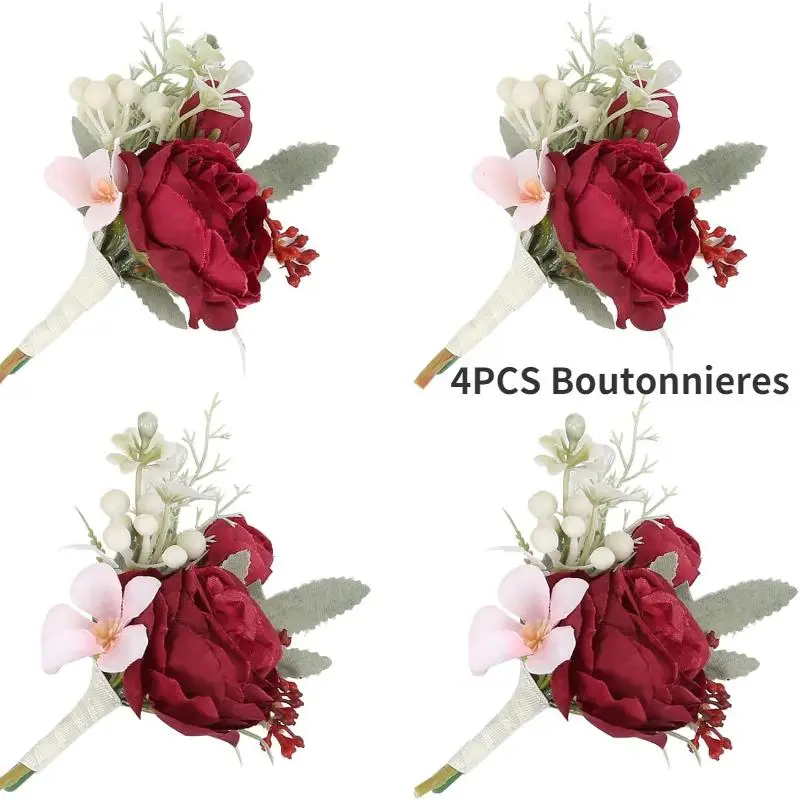 4pcs Artificial Peony Wrist Corsages for Wedding, Bridesmaid Band