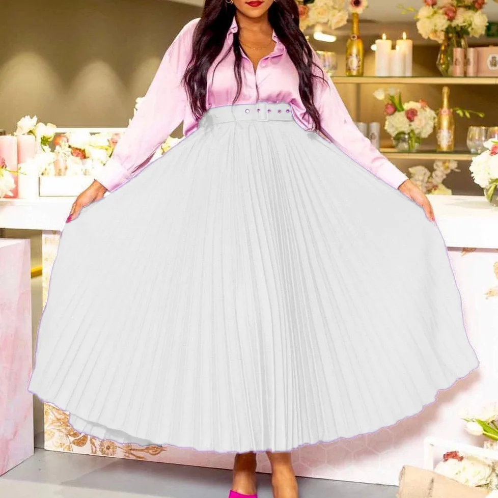Elegant Pleated Skirts High Waisted Women 2023 Solid With Belt Ankle Length Fashion Office Ladies Business Work Wear Skirts New