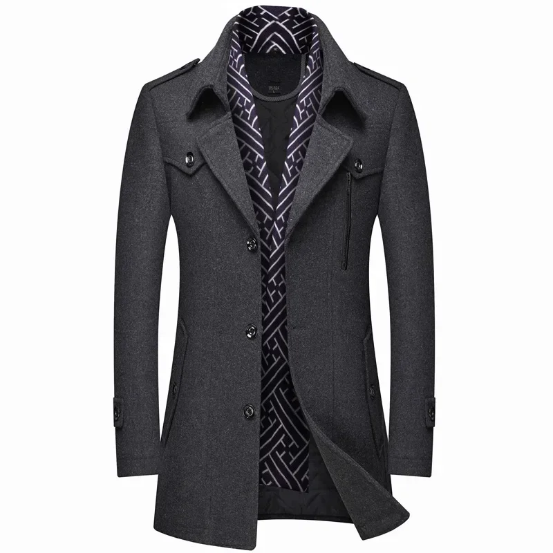 Men's Woolen Coats Fashion Thicken Mid Length Trench Turn Down Collar Warm Outerwear Business Casual Wool Coat wool overcoat