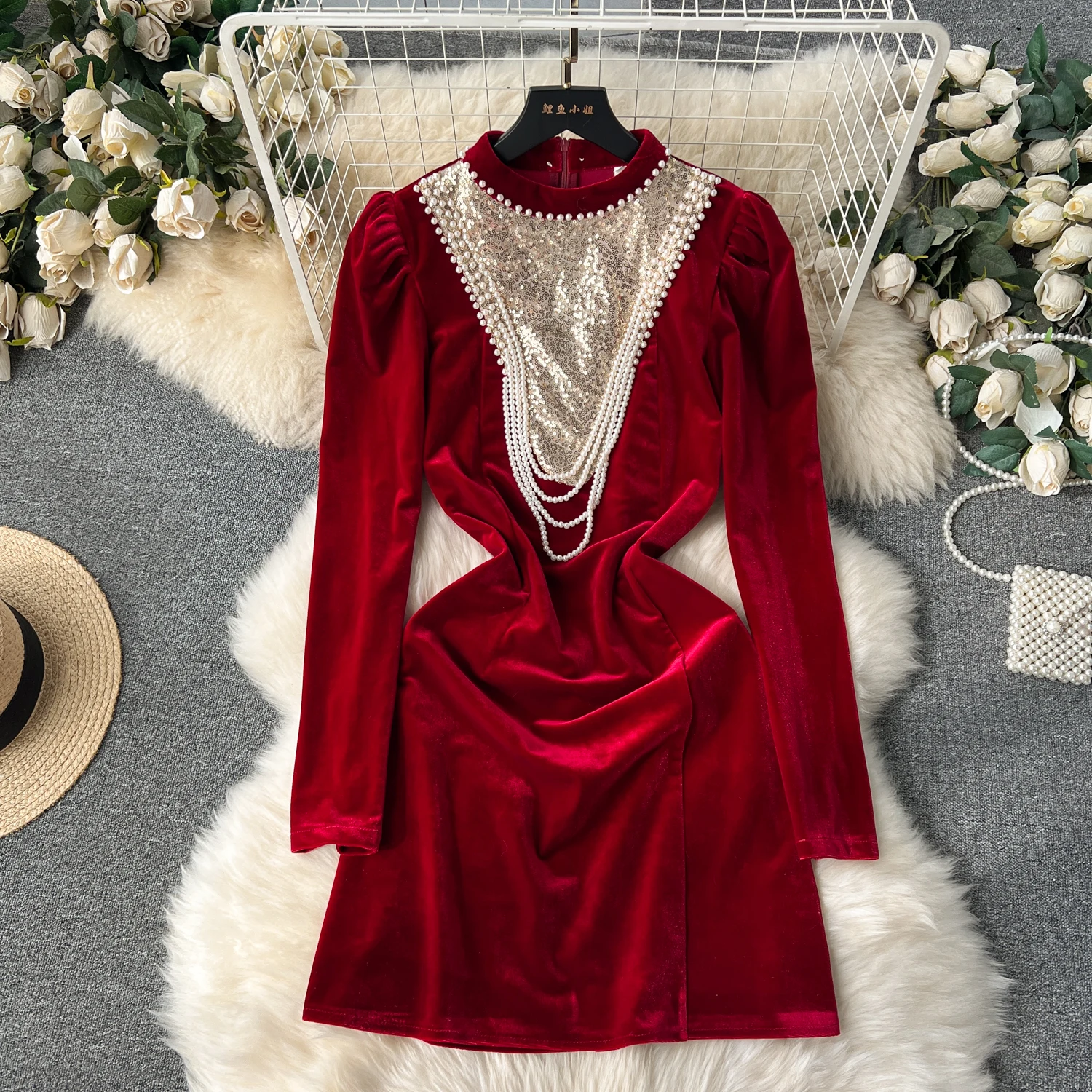 

MSHARBOR Heavy Industry Nail Bead Sequin Slim Retro Velvet Haute Couture Dress Birthday Party Dinner Socialite Evening Dress