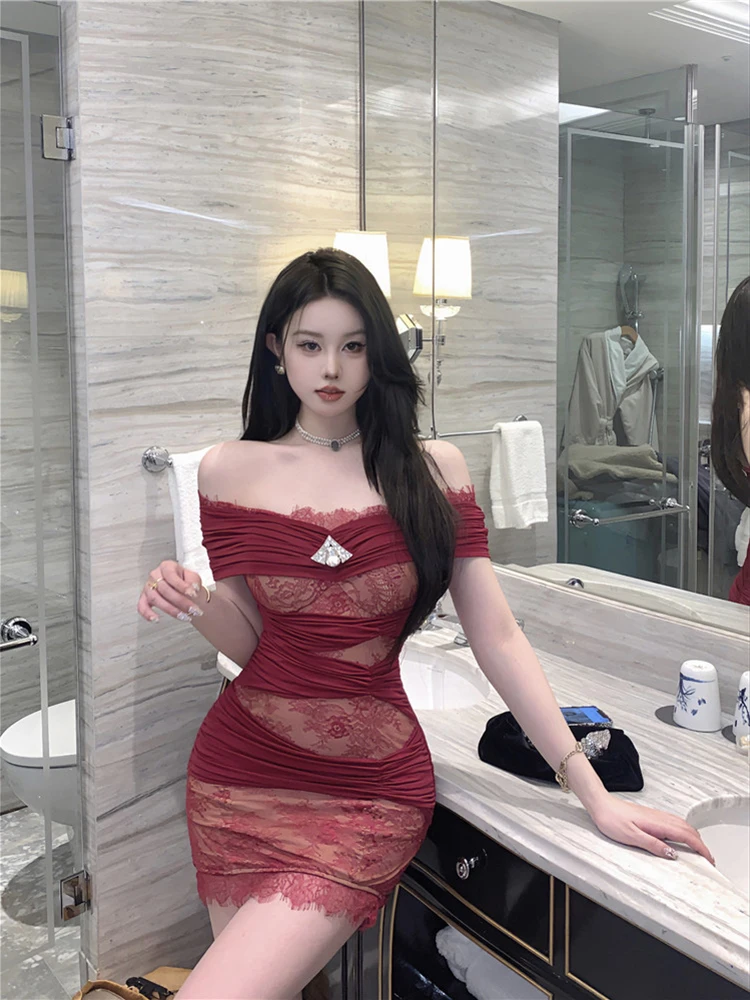 

Women Dress 2023 Early Spring Slash Neck Off Shoulder Lace Dress Slim Thin High Waist Sexy Mini Dresses New Arrival