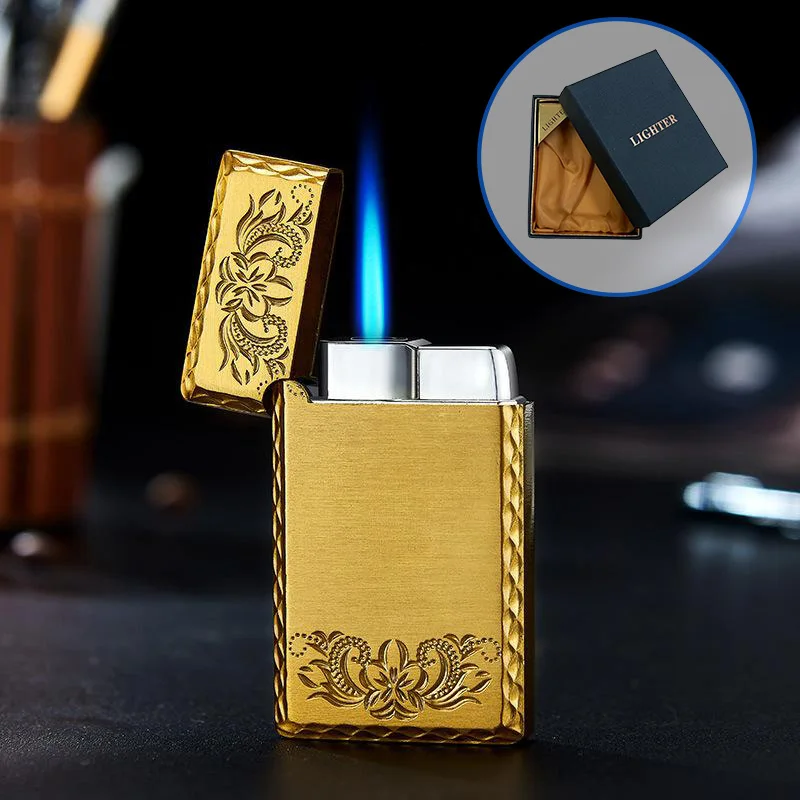 Butane Gas Lighter Cigarette Lighter Xiaomi Metal Lighter Windproof And Waterproof Lighter Relief Pattern Red Flame Direct Sale Cigar Men's Smoke Accessories