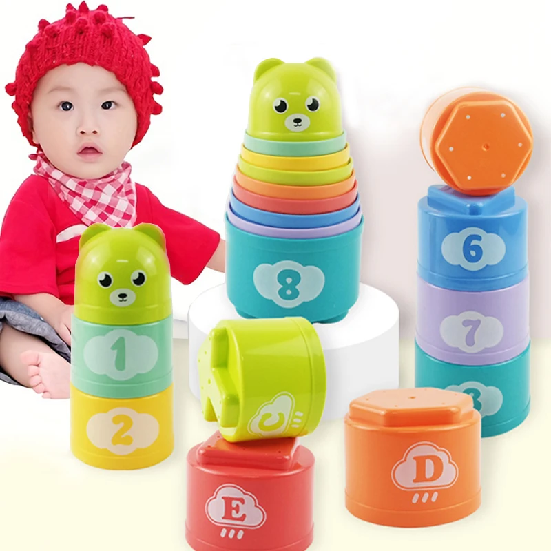 9PCS Fun Rainbow Cups Stacking Cups Figure Letters Baby Children Educational Toy Stacking Tower Mini Bear Kids Toddler toys