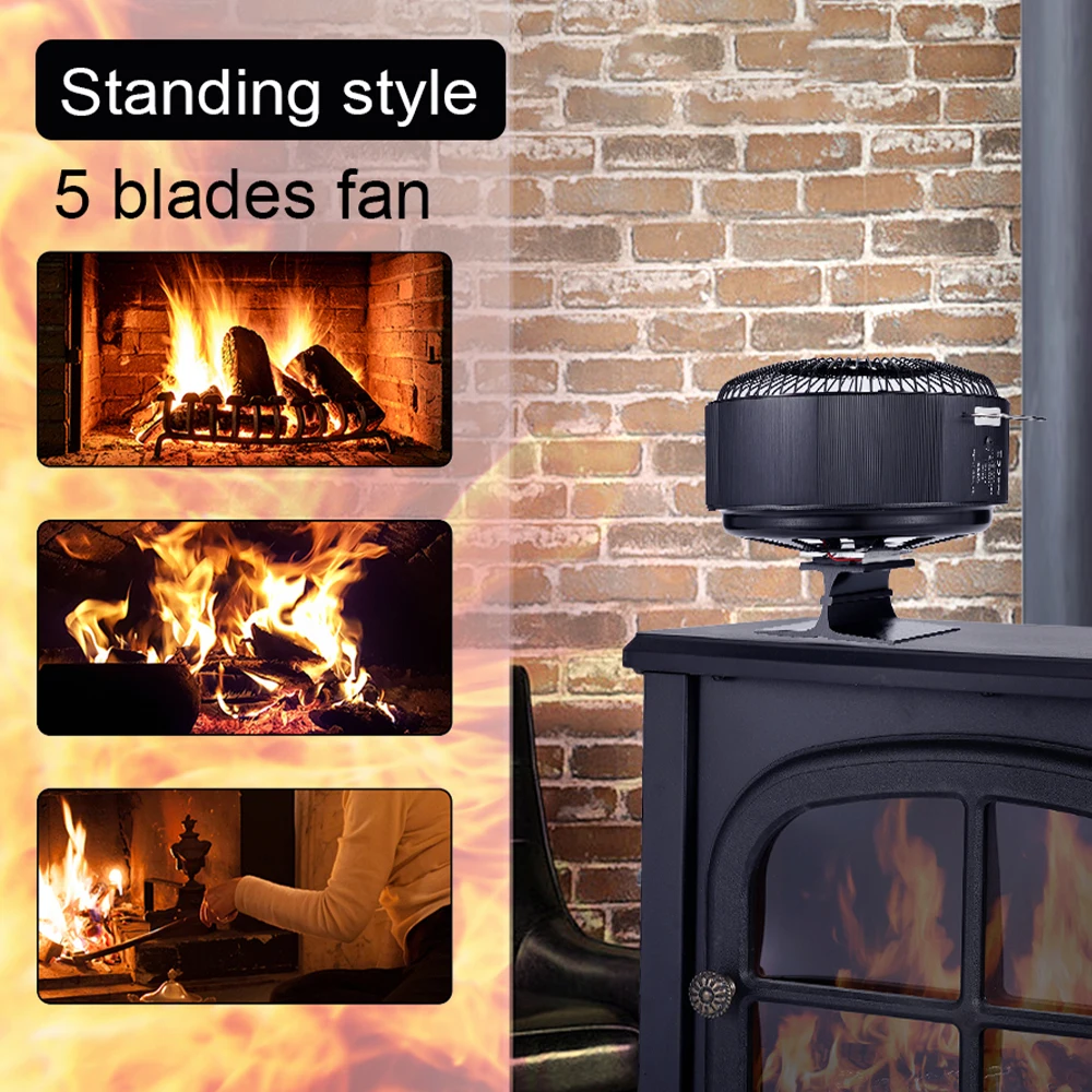 5 Blades Black Free Standing Fireplace Fan Heat Powered Stove Fan Log Wood Burner Eco Quiet Home Efficient Heat Distribution