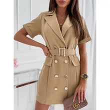 

Sashes Blazer Dress Woman Summer Short Sleeve Women's Dress for New Year 2022 Button Solid Turn-down Collar Casual Female Dress