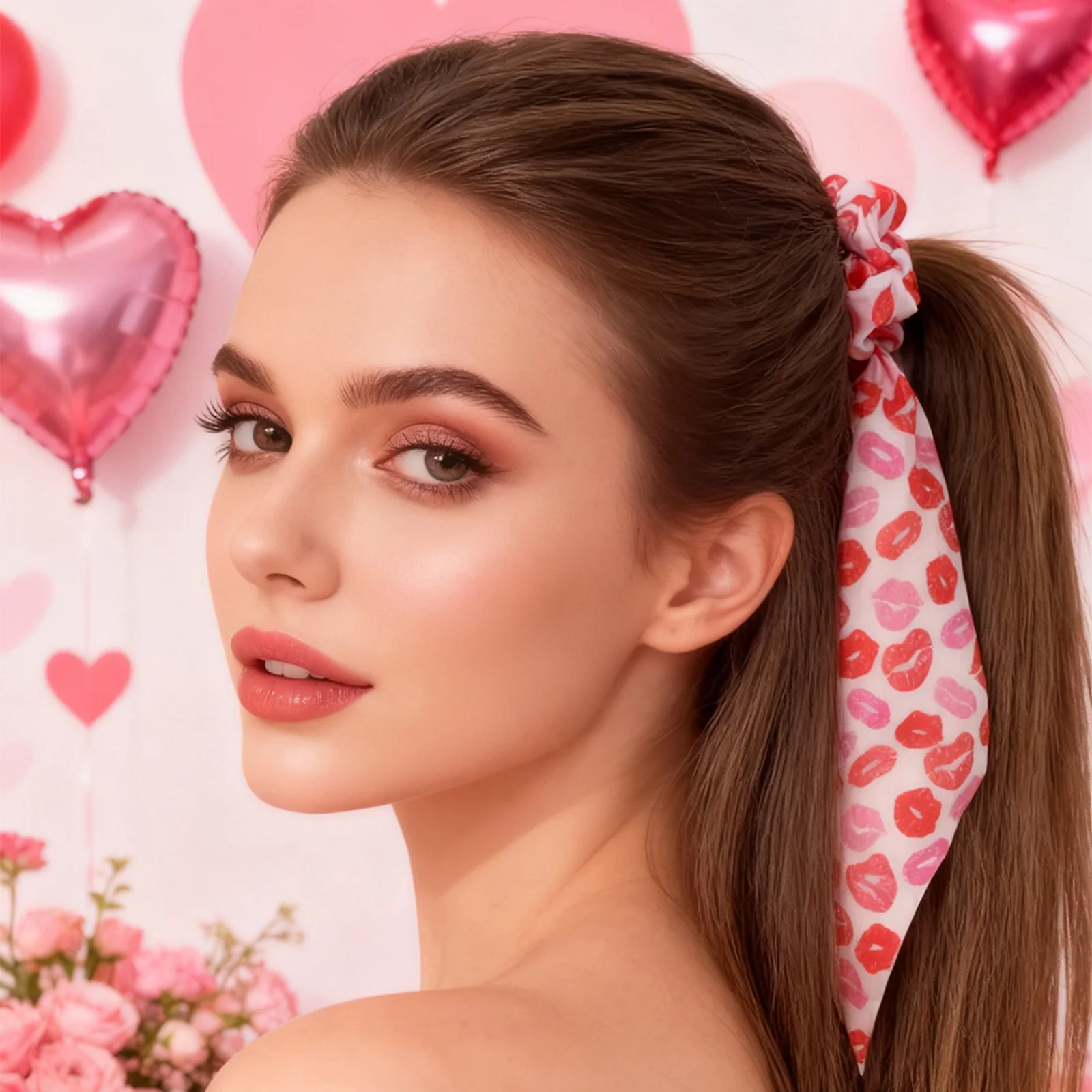 1PC Valentine's Day Scarf Scrunchies, Heart Love Pattern Hair Ties, Satin Bow Hair Accessories For Women, Romantic Hair Bands