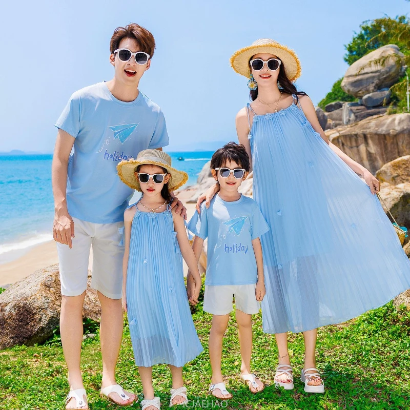 Family Matching Outfits  Beach Dress Mom Daughter Vacation Set Father Son Tshirt Pants Suit Children Twin Clothes Girl Dresses - 2