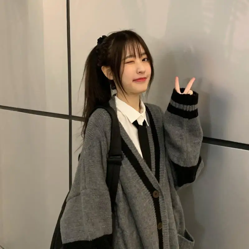 Cárdigan de punto a rayas gris Deeptown para mujer estilo coreano Haruku Ovsize Jump Preppy moda femenina Tops_voghion.com