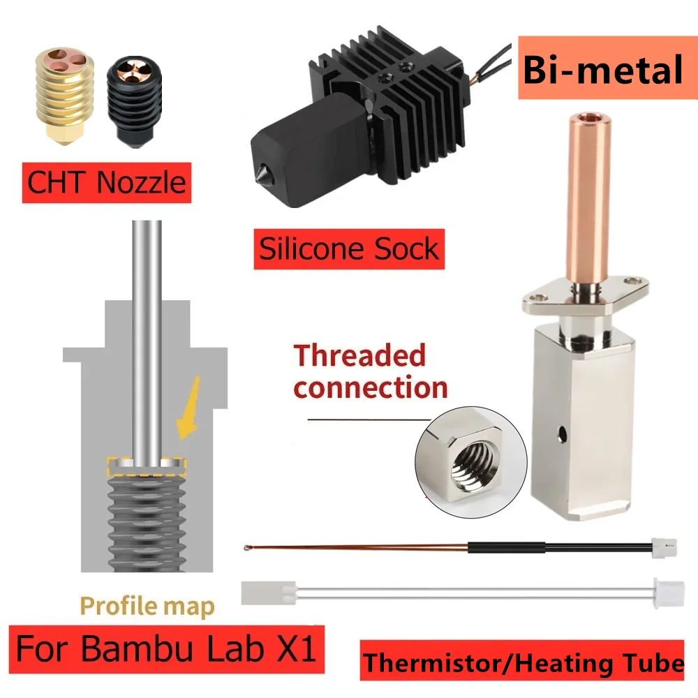 Upgrade Bi Metal Heatbreak Hotend Kit 3D Accessories For Bambu Lab X1 P1P With Hardened Steel Nozzle CHT Brass Nozzle Thermistor