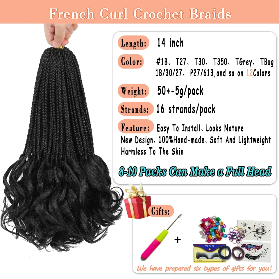 14 Inch French Curl Crochet Braids 1B Short Ombre Synthetic French Curl Braiding Hair Boho Curly Box Braids Crochet Hair